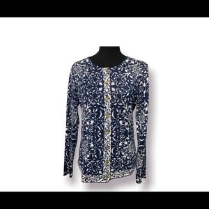 J.McLaughlin NWOT Navy Blue and White Medallion Cardigan